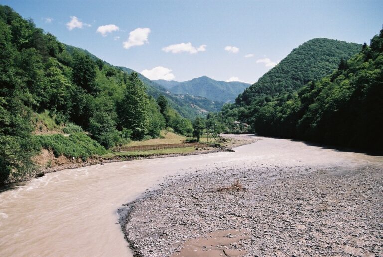 Brede bergrivier met grindbanken in Georgië