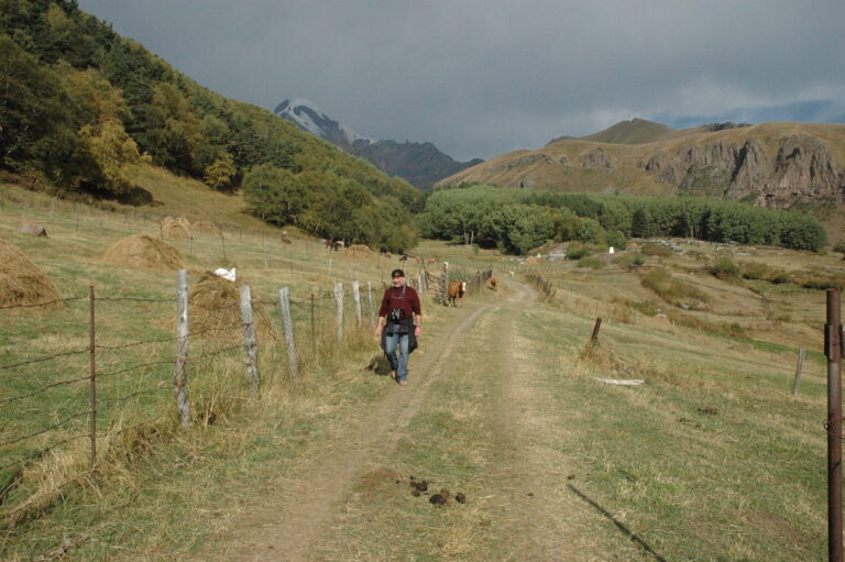 Wandelaars in een groene bergvallei in Georgië
